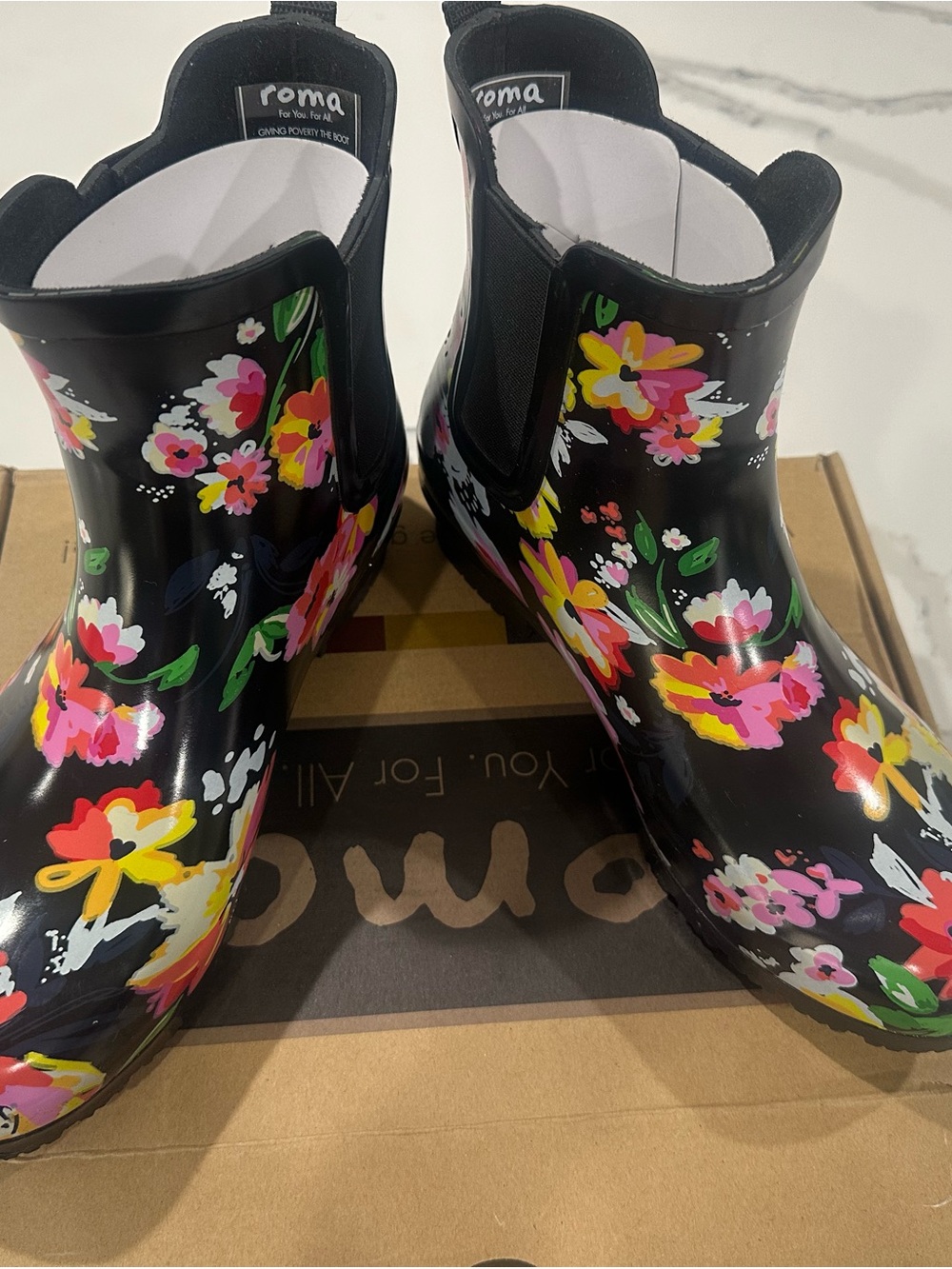 Roma Black Floral Waterproof Ankle Rain Boots